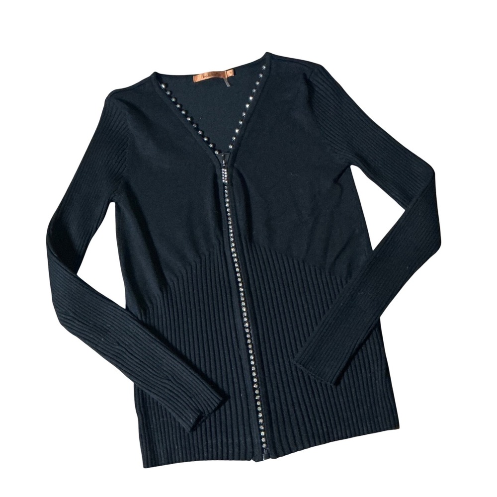 Belldini Rhinestone Zip Front Y2K Women S Black Ribbed Knit Glam Sweater